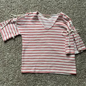 White and Pink Striped Top with Tying Sleeves